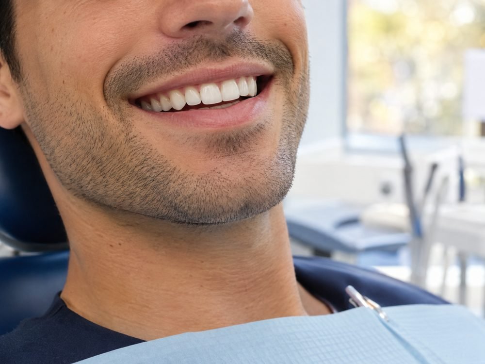 Paciente sonriendo en el sillón de la clínica dental